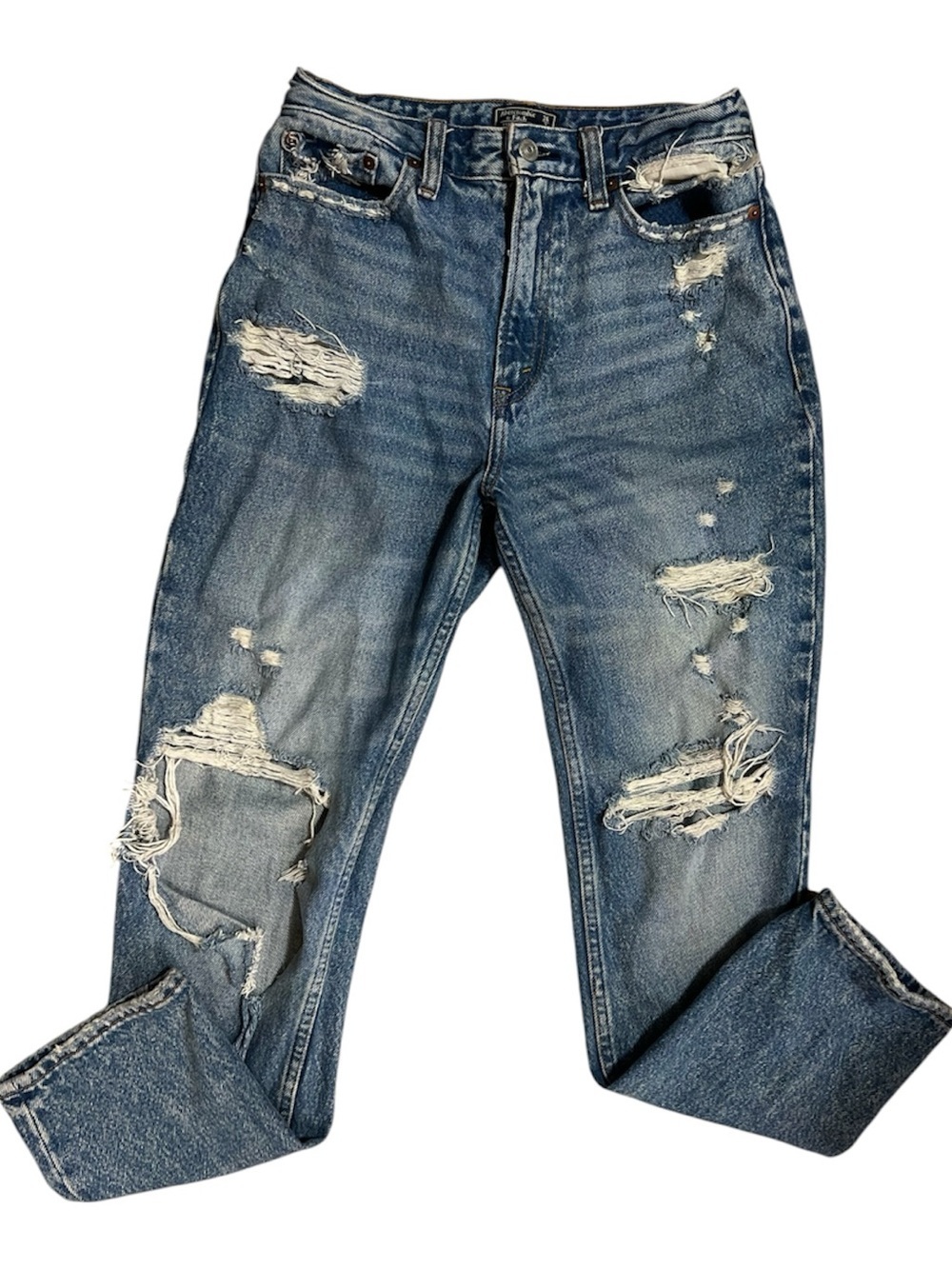 Abercrombie & Fitch Distressed High-Rise Blue Denim Mom Jeans SZ 2r/26 - Picture 5 of 14